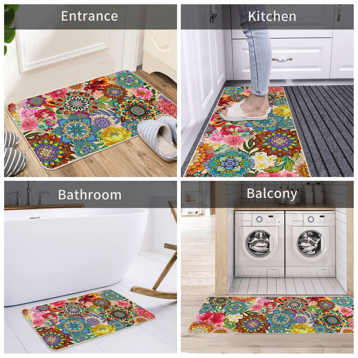 Boho Floral Kitchen Rug 1Pcs Mandala Floor Mats Flowers Kitchen Mat (Boho Floral / 1'5" x 3'11" (Rectangular))