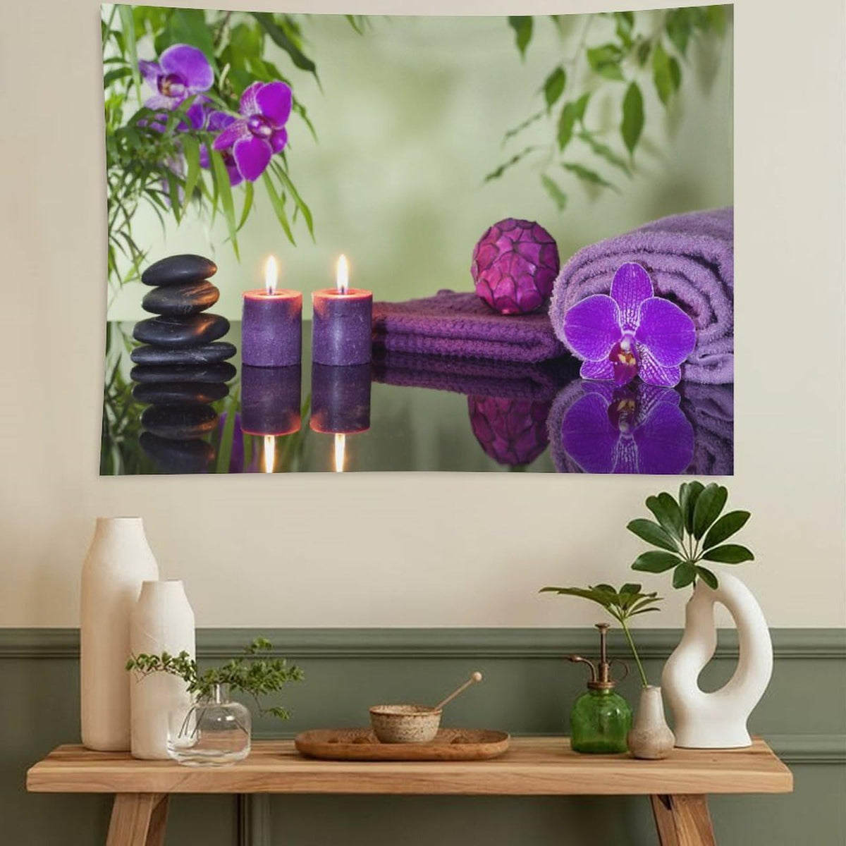 Spa Zen Tapestry Wall Hanging Asian Stones Purple Candles Orchids Bloom Aromatic Tapestries Home Decor for Living Room Bedroom Farmhouse Kitchen Dorm 40"x60" (40"L x 60"W / Zen-5)