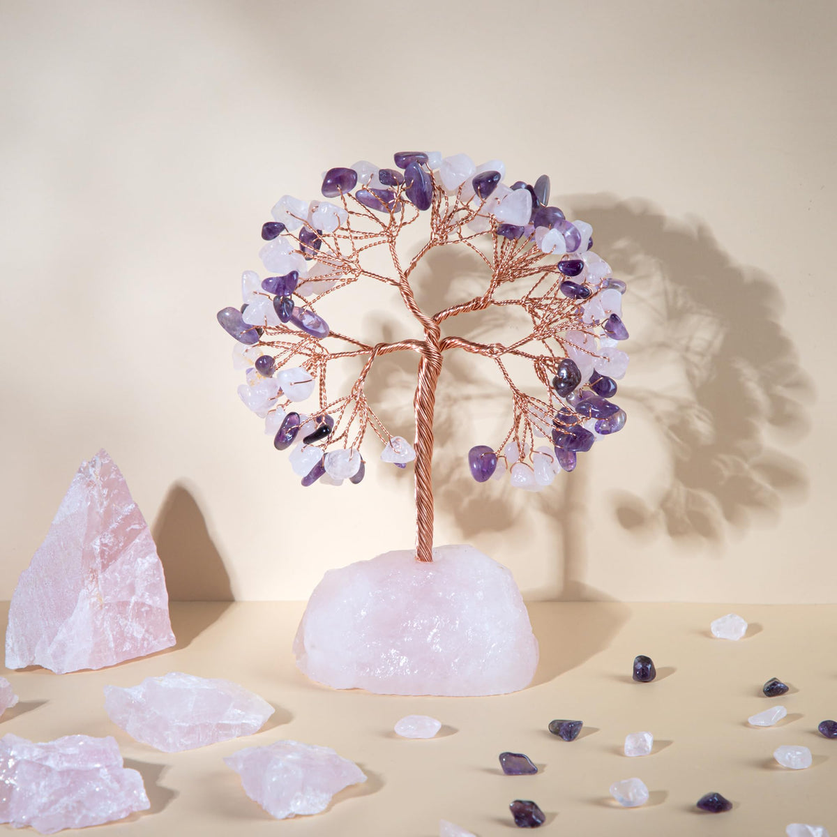7 Chakra Healing Crystals Stones Tree of Life (Rose Quartz& Amethyst_stone Pedestal)