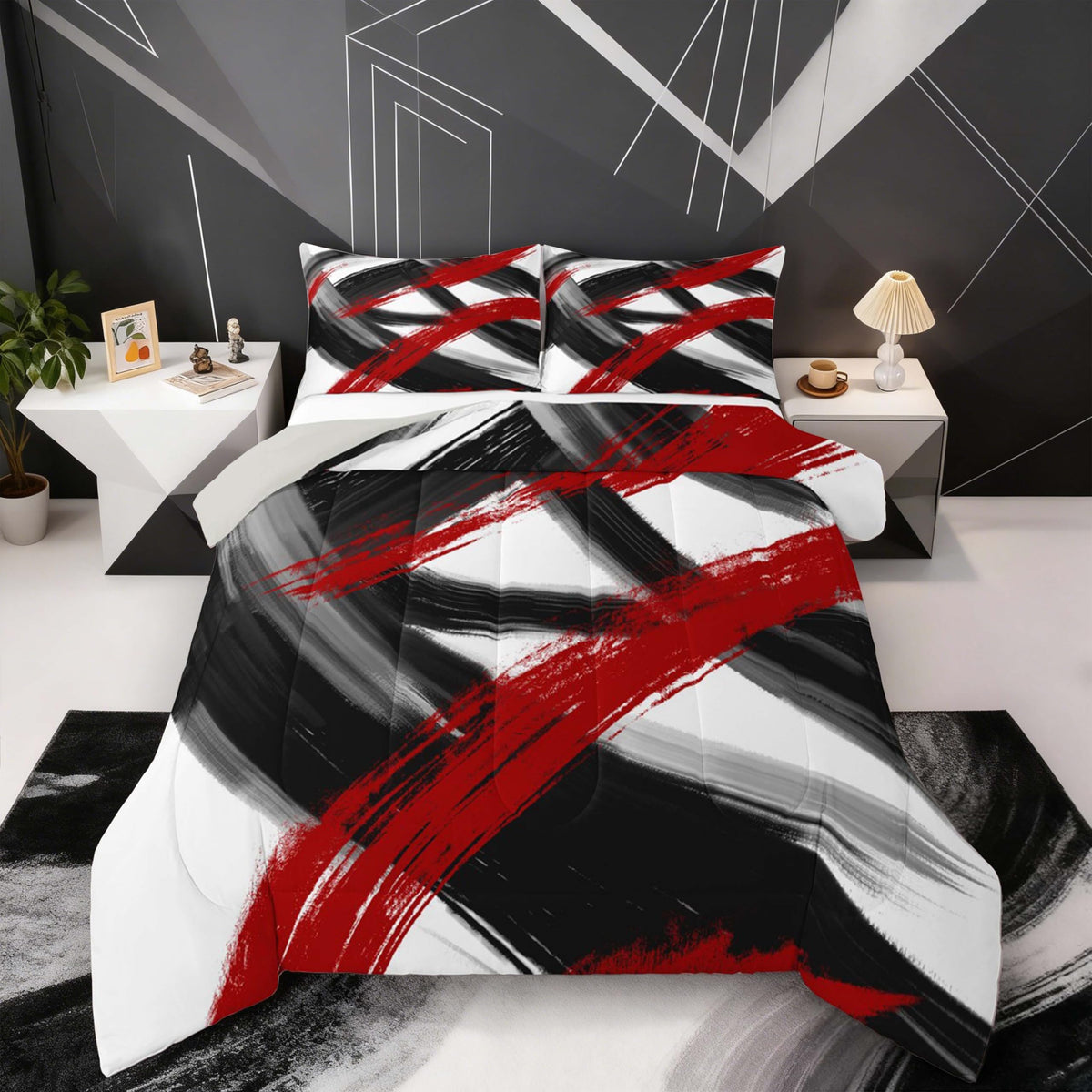 Black Red Comforter Set King Size Abstract Geometric Bedding Set for Boys Girls Modern Minimalist Duvet Quilt Room Decor Breathable Soft Microfiber All Season 3Pcs with 2 Pillow Cases (Multi 45684 / King)