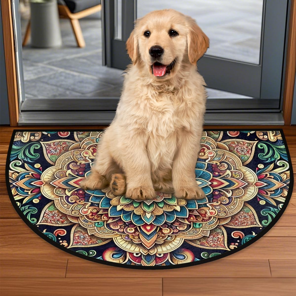 Mandala Rainbow Half Moon Rug Mandala Flower Rainbow Ethnic Half Round Door Mat Washable Half Circle Area Rugs Indoor Entrance Non Slip Semi Circle Bathroom Rugs Floor Carpet for Kithen Bedroom Decor (A:color 6)