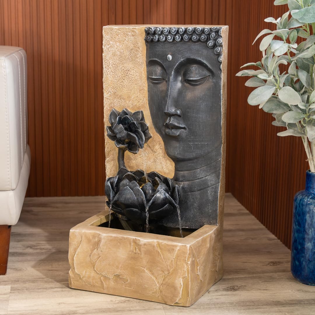 30" H Zen Buddha Face Water Fountain w (Gray and Brown)