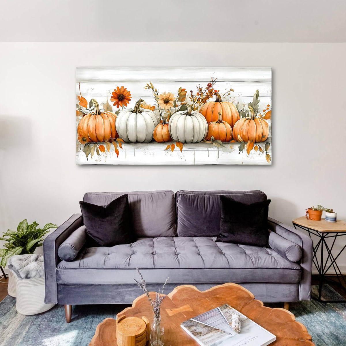 Farmhouse Pumpkin Flowers Canvas Wall Art Living Room Wall Decor (60"x30"x1 / Pumpkin6)