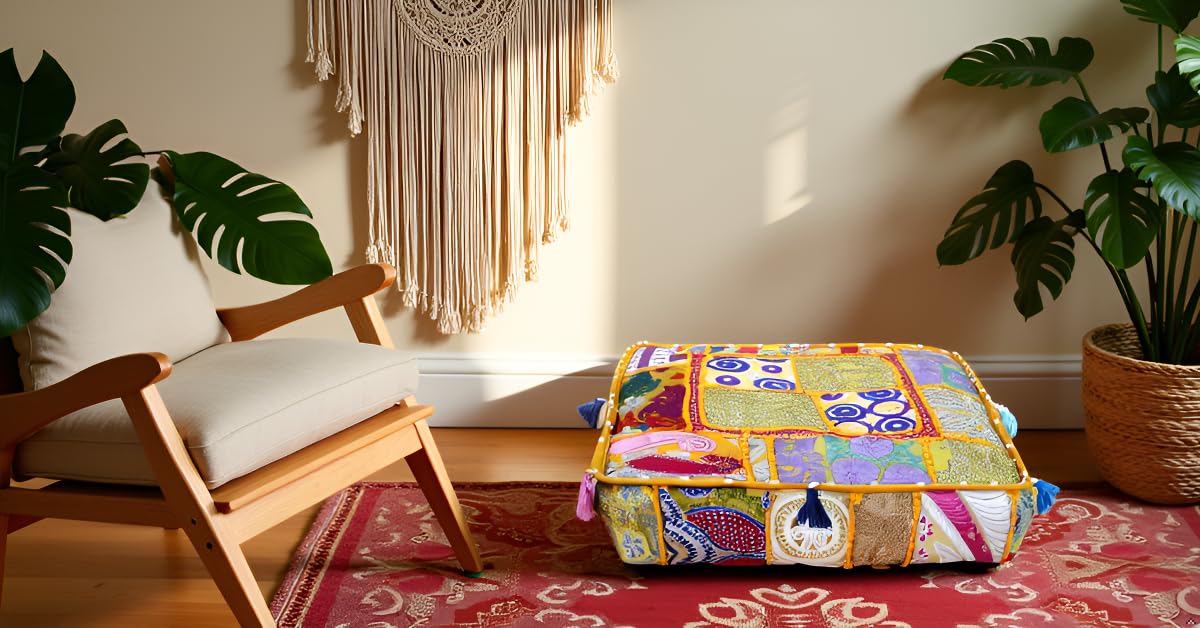 Indian Square Patchwork Traditional Pouf Cover Indian Living Room Poufs Decorative Embroidered Designer Ottoman Home Living Footstool Chair Cover Decor Pillow Cover 18x18x5 inches (18"D x 18"W x 5"H / Yellow)