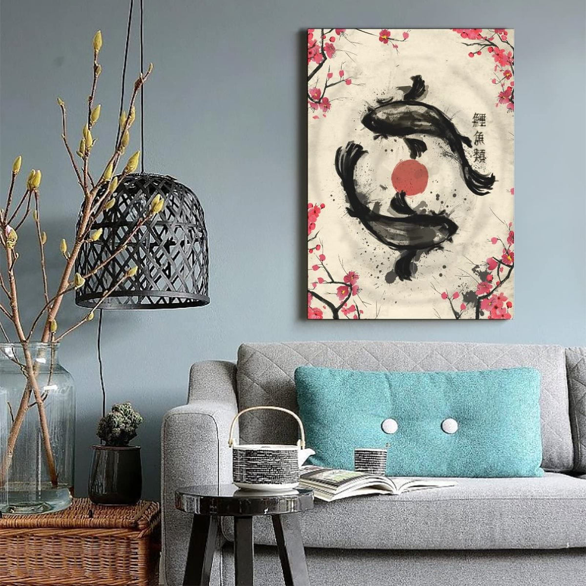 Japanese Retro Ink Painting Sakura Yin Yang Koi Fish Art Print Canvas Painting Home Decoration For Living Room Bedroom Unframed 16 x24 inches (24"L x 16"W / Unframe-12)