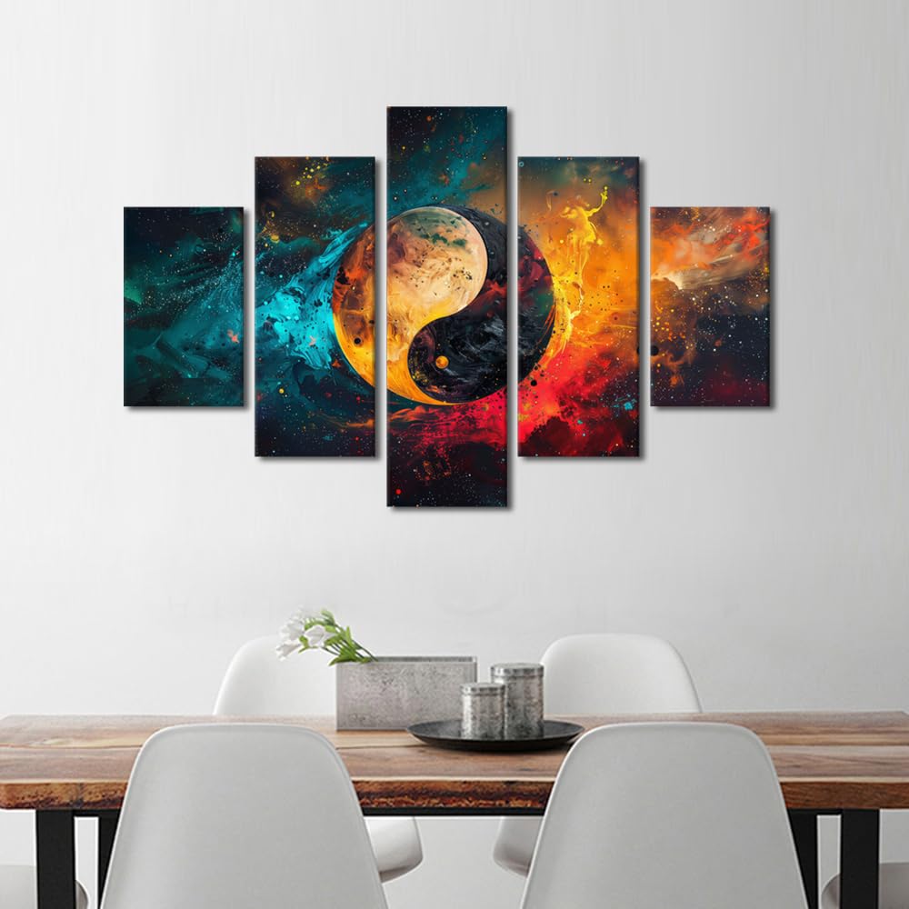 Canvas Wall Art Oversized Celestial Yin Yang Design Stretched Framed Painting Five Piece Set Meditation Room Decor Astronomy Inspired Art Ready to Hang 60" Wx40 H (60''Wx40''H / Artwork-10)