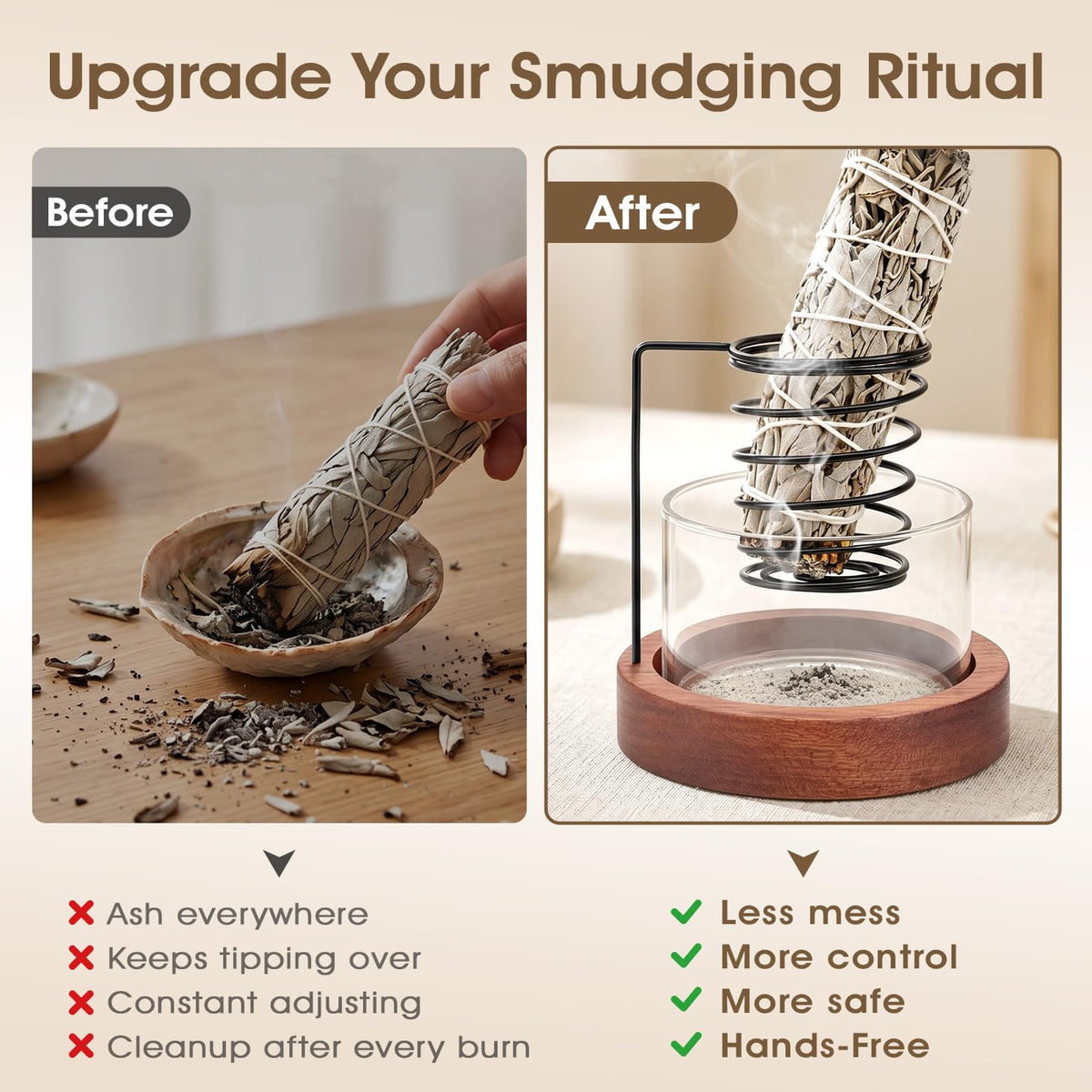 Hanging Sage Holder with Glass Ash Catcher for Smudging
