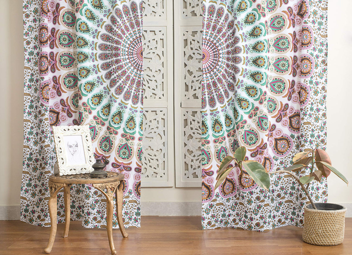 Indian Hippie Bohemian Beautiful Peacock Mandala Curtain Panels White Multicolor (White Multicolor / 25"W x 74"L (Pack of 2))