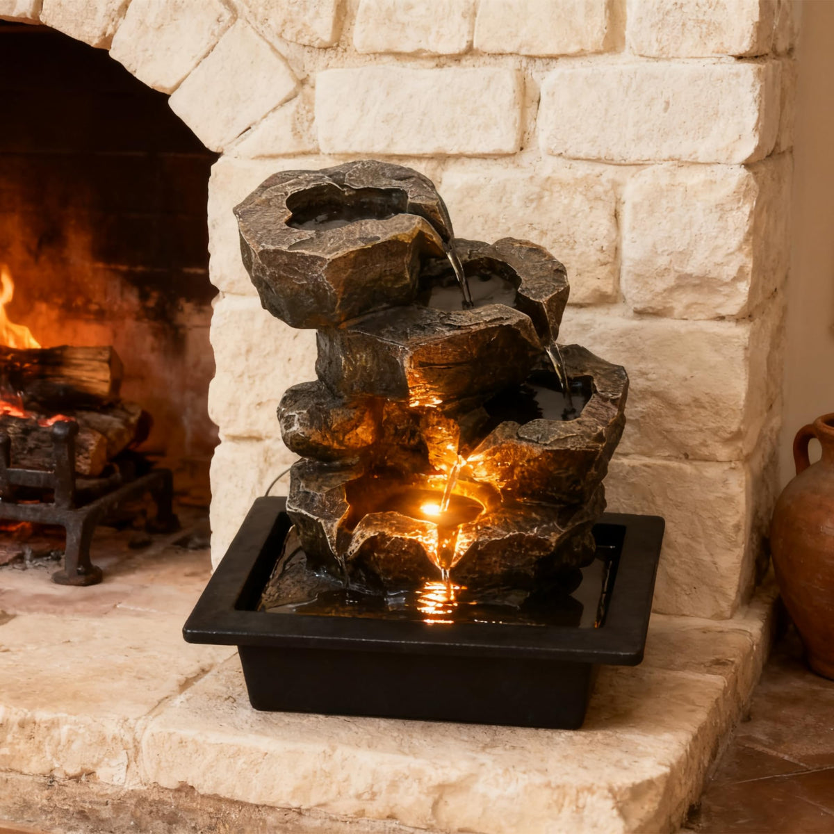 Indoor Tabletop Rock Waterfall Fountain with Warm Light & Stacked Stone for Home Office Desk Decor (Style 6)