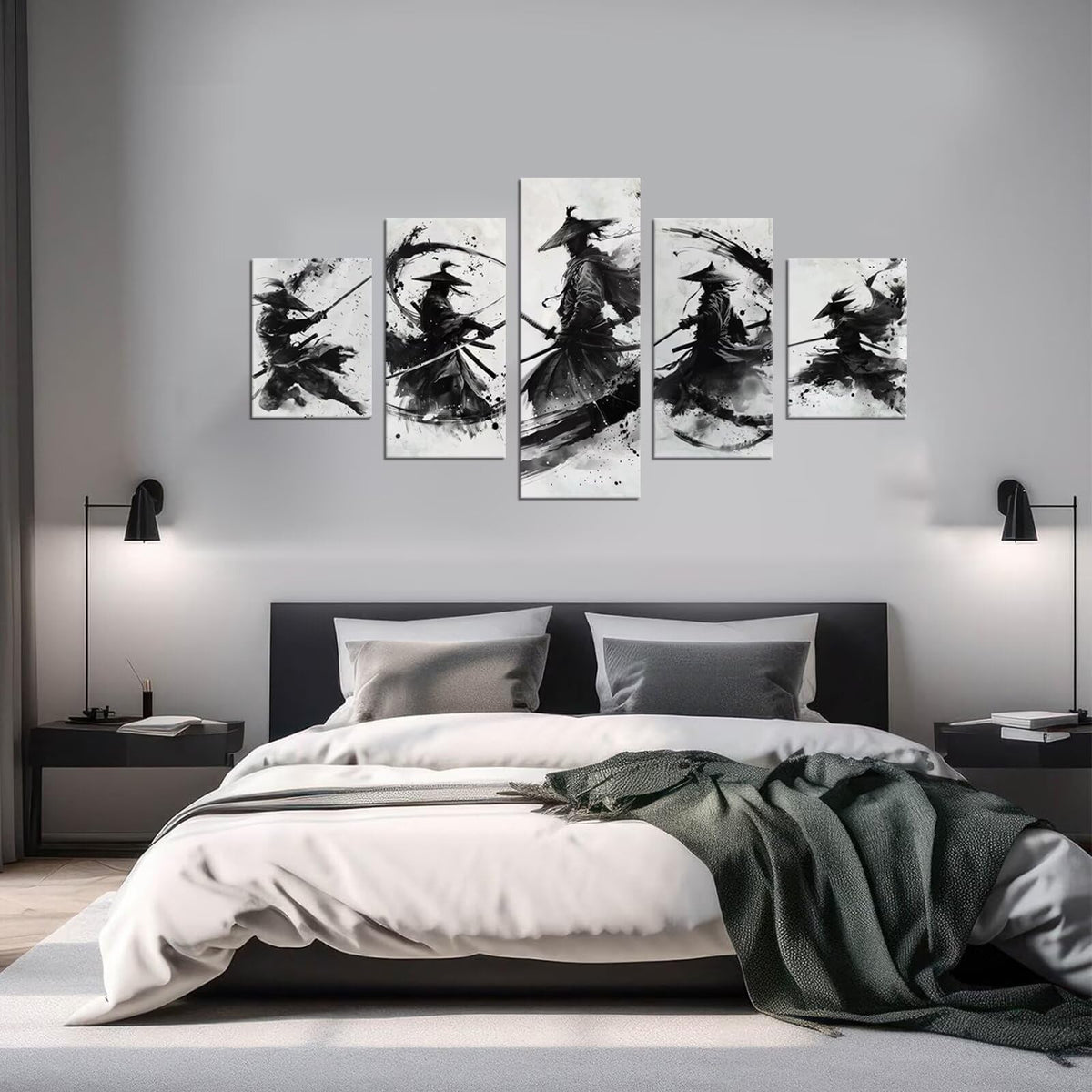 Japanese Samurai Wall Art Black and White Warrior Wall Decor Prints Vintage Japanese Cultural Samurai Pictures Canvas Painting Framed for Living Room Office Home Artwork Framed (60"Wx32"H / White and black)