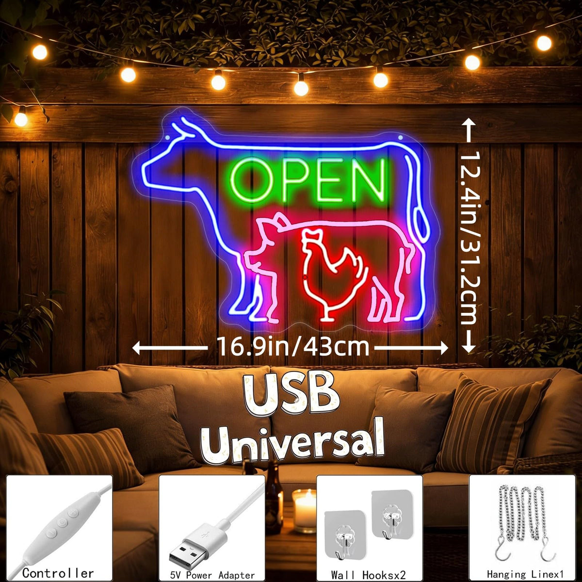 BBQ Open LED Neon Sign Farm Animal Butcher Shop Wall Decor (BBQ OPEN)