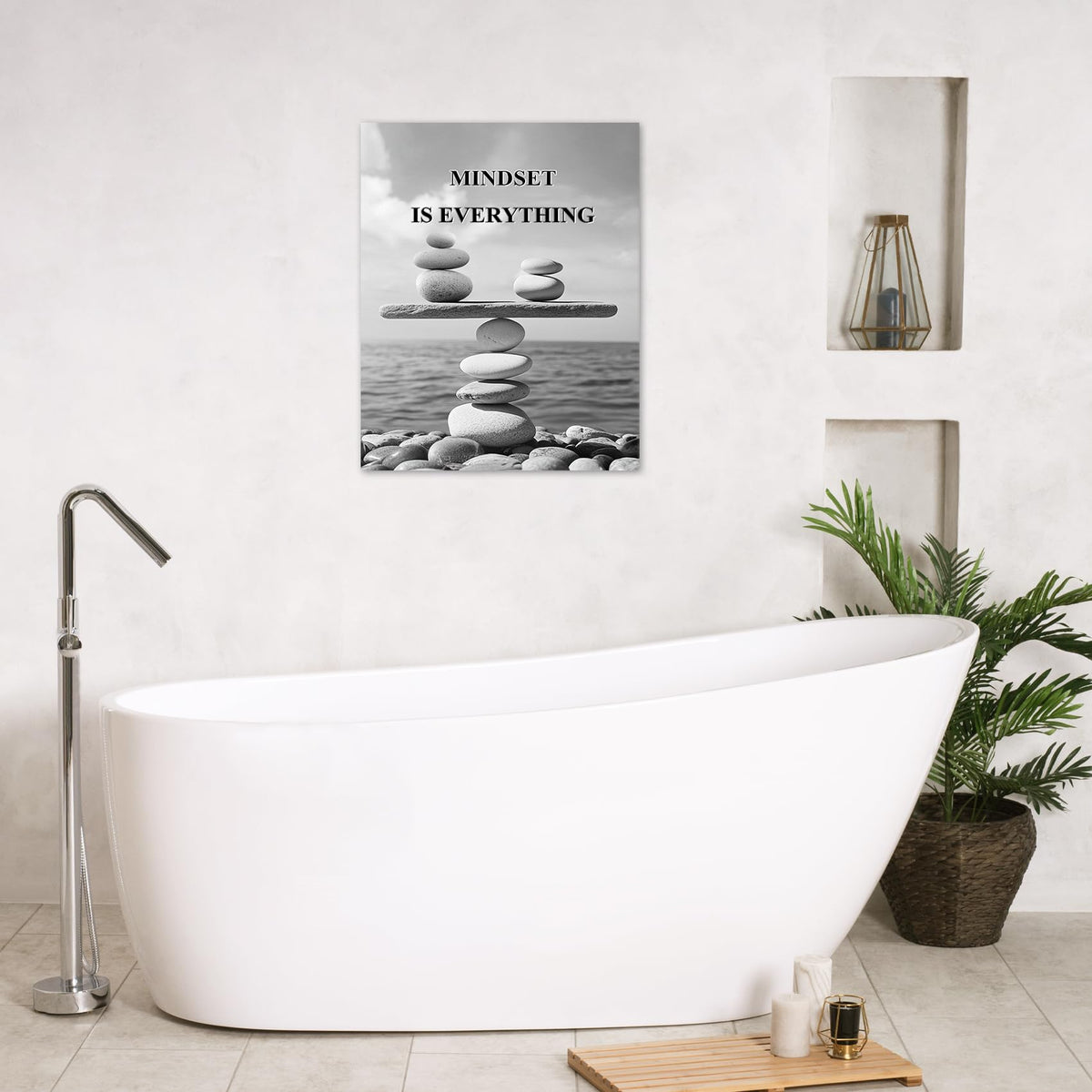Mindset Motivational Wall Art Prints Zen Stone Inspirational Canvas Wall Art for Bathroom Bedroom Living Room Spiritual Black and White Canvas Paintings Spa Yoga Ofiice Wall Decor (16"L x 12"W / Grey)