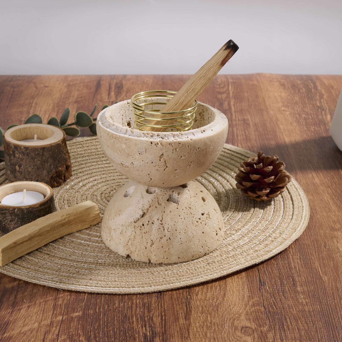 Handmade Travertine Stone Incense Resin Burner Holder (Light Beige)