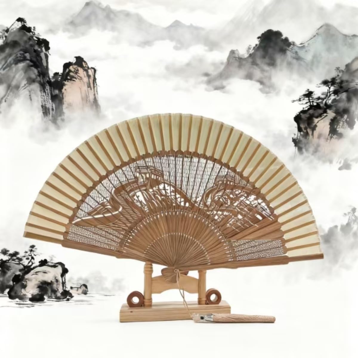 Hand Fan for Vintage Japanese Bamboo Silk Elegant for Dance Music Festival Wedding Church Decoration Party (The Great Wall / Medium)