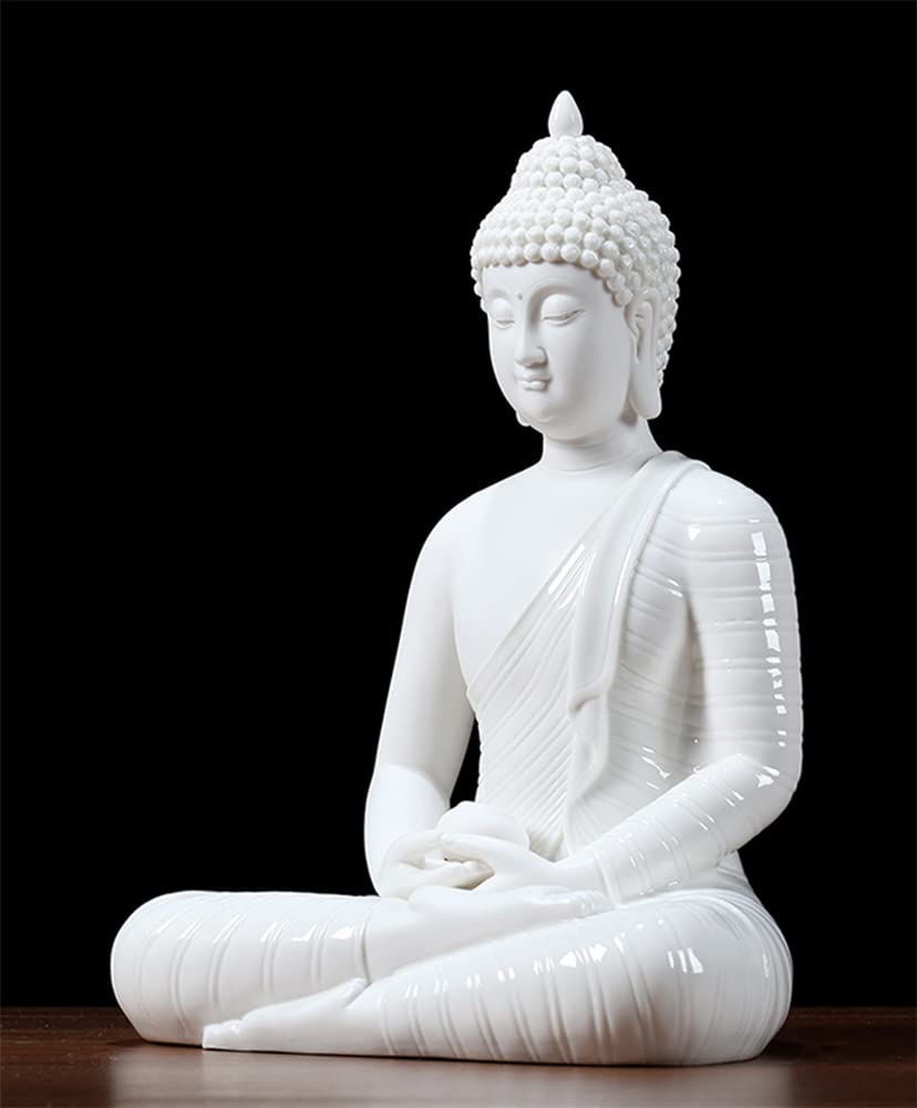 12 inch Ceramic Buddha Statues for Home Decor (White)