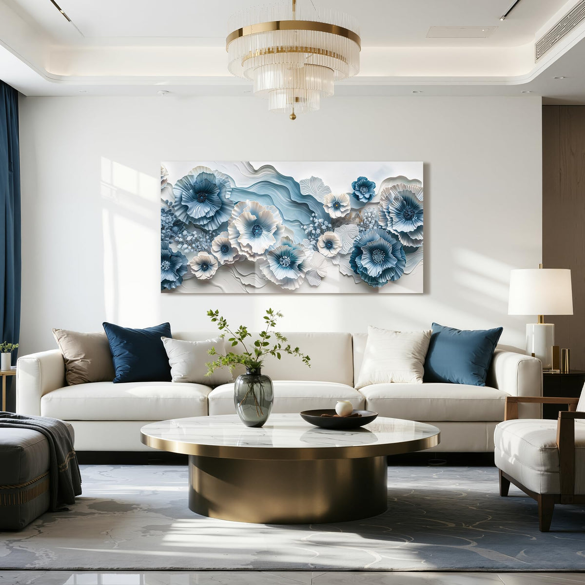 Modern Large Flower Wall Art Blue and White Floral Painting Print (Blue and White Floral / 48"L x 24"W)