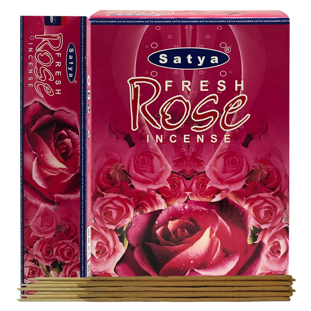 Fresh Rose Incense Sticks and Incense Stick Holder Bundle Insence Insense Satya Incense (Fresh Rose 15g - Pack of 12)