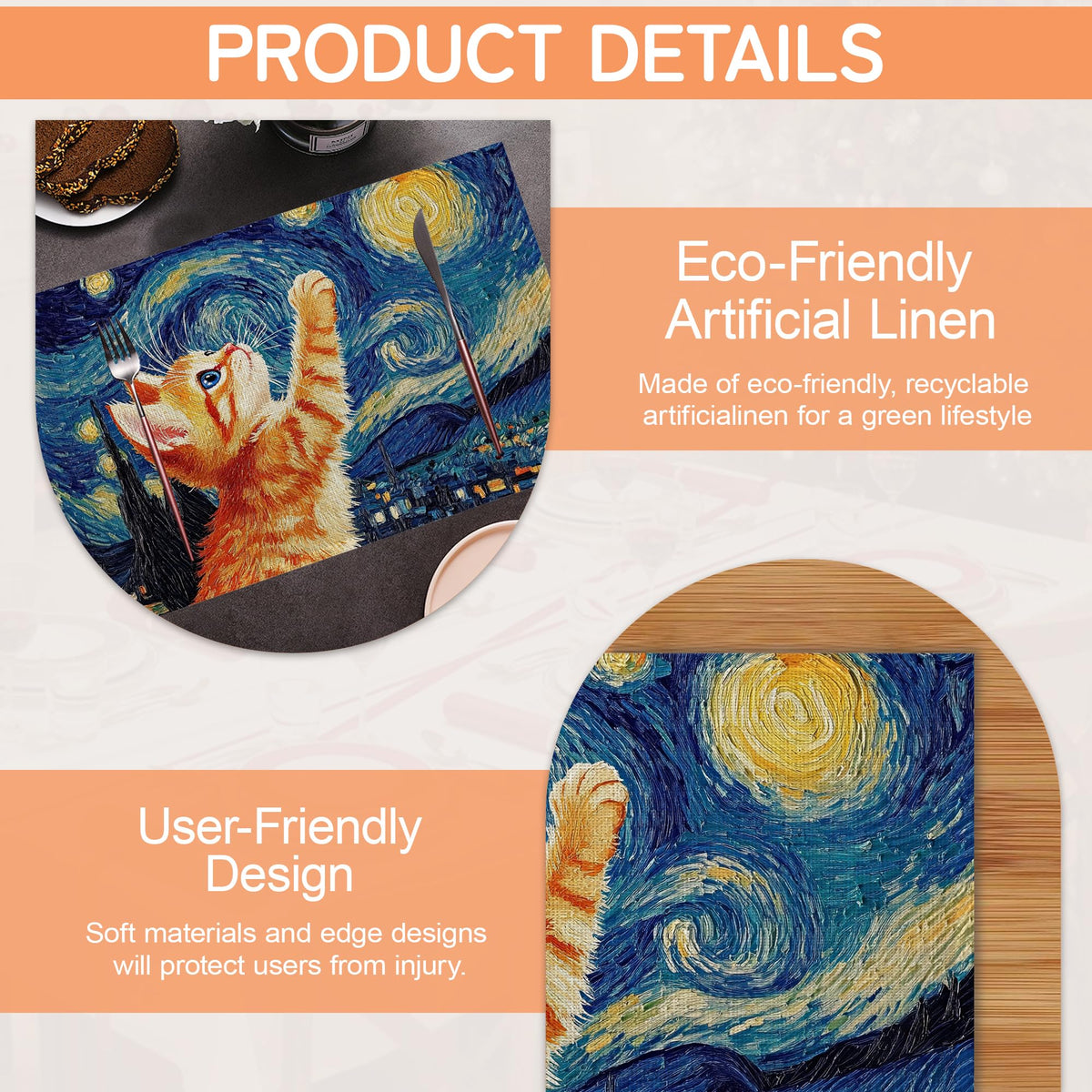 Cute Cat Table Mats Set of 6 (Cute Cat Starry Night Moon)