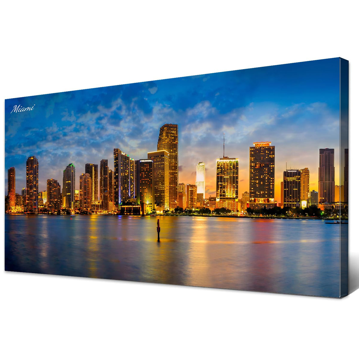Miami Wall Art City Skyline Picture Prints Modern Office Home Decor Cityscape Painting Skyscrapers Night View Canvas Picture USA Florida Landscape Canvas Poster Artwork Living Room Decorations 20x40” (40"L x 20"W / Miami)