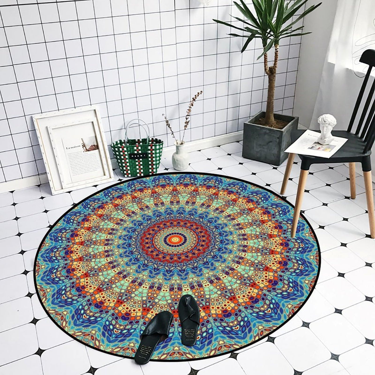 Round Area Rugs 2 FT Washable Non Slip Circle Rug (Mandala Boho / 1'11" (Round))