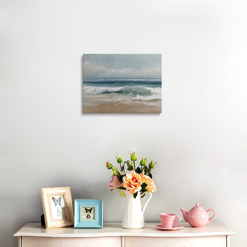 Calming Beach Seascape Canvas Wall Art Framed Serene Painting Ocean Waves Blue Teal Green Layers Sandy Shore Soft Horizon Coastal Wall Decor Artwork Print Poster 16x24 Inches (sea / 24"L x 16"W)
