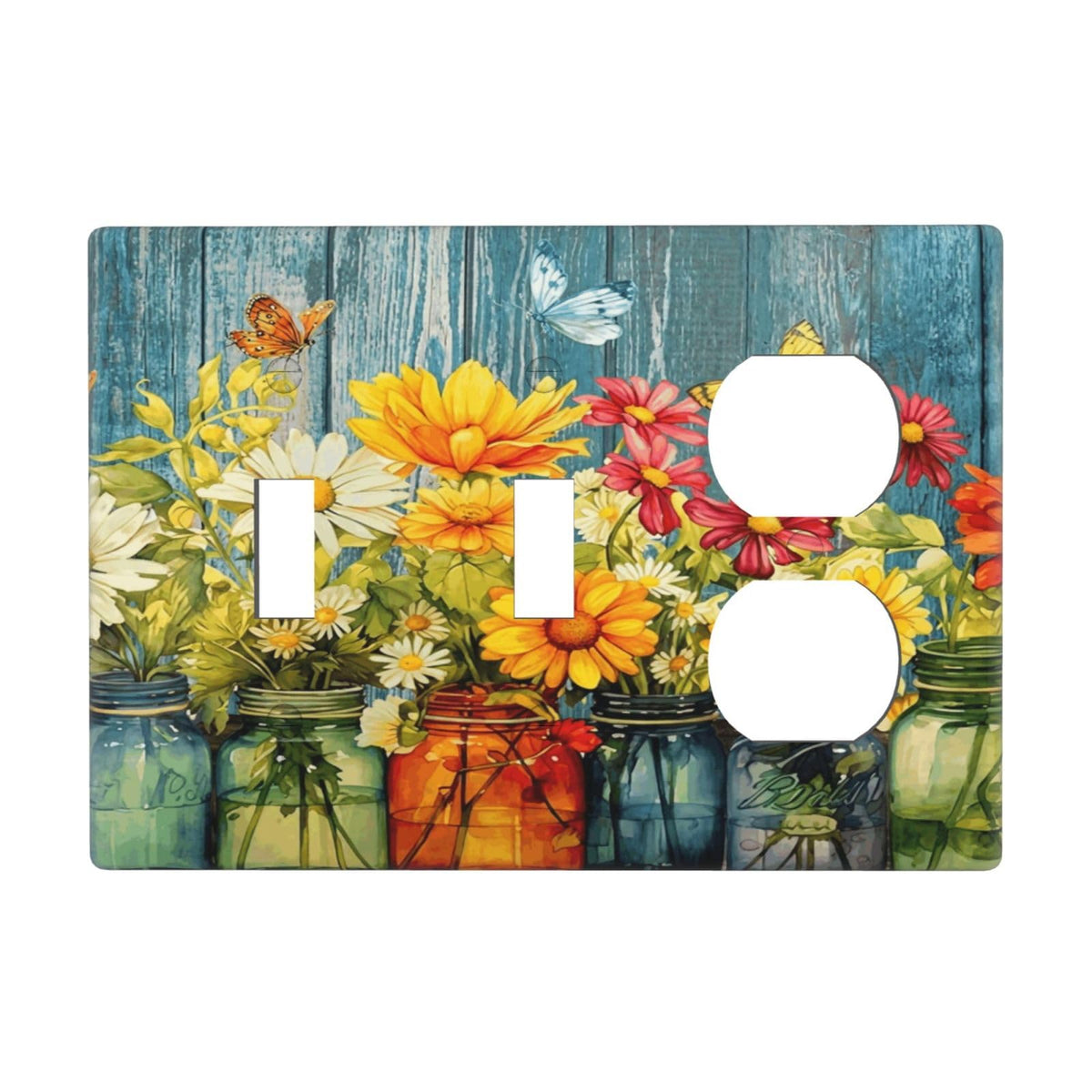 Decorative 3 Gang Combo Wall Plate Farmhouse Floral Style Standard Size (Country Rustic Daisy Flower Butterfly / 3 Gang 2 Toggle 1 Duplex)
