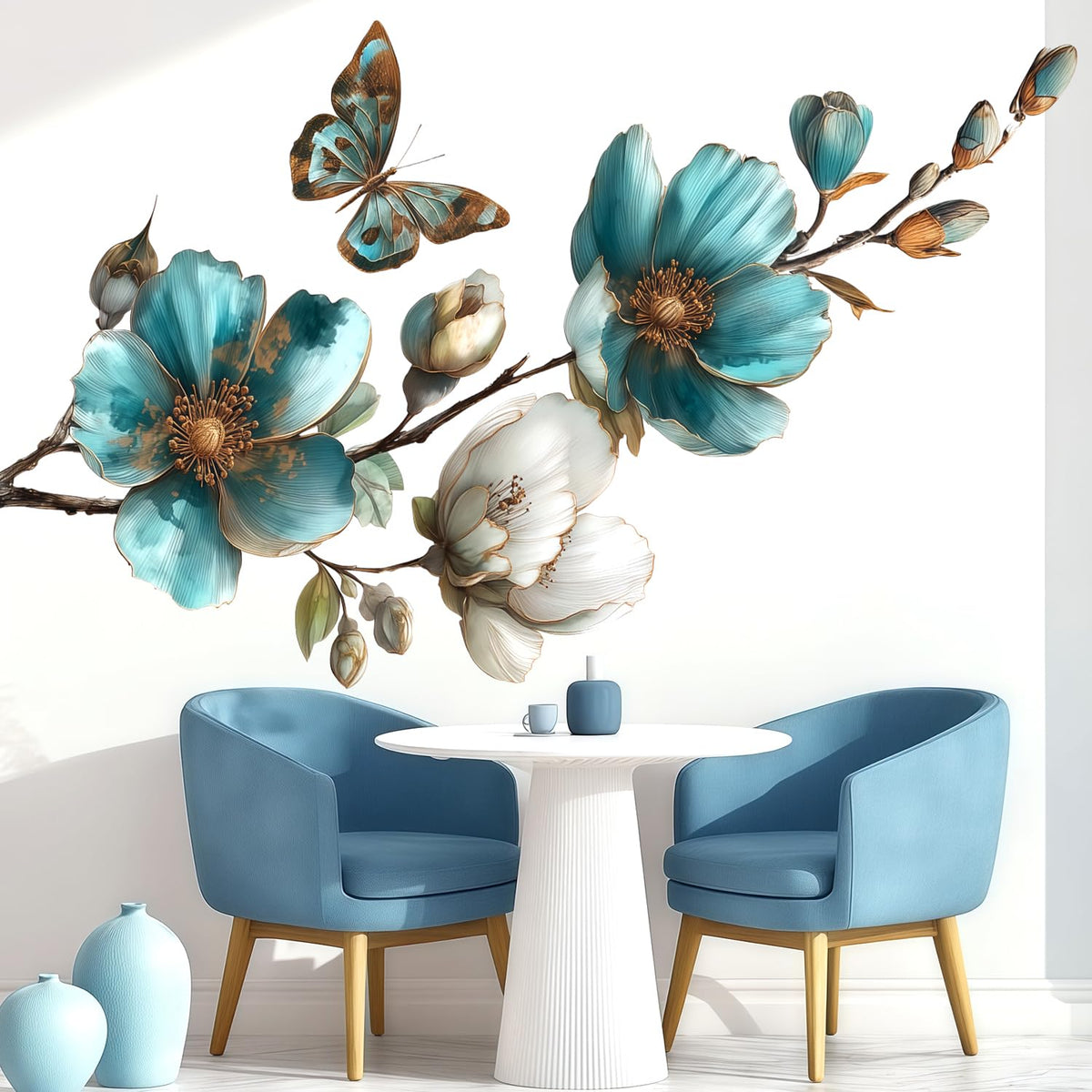 Teal Blue Flower Wall Decals with Butterfly (Vintage, Elegant, Botanical, Chinoiserie, Art Deco, Traditional, Contemporary, Rustic)