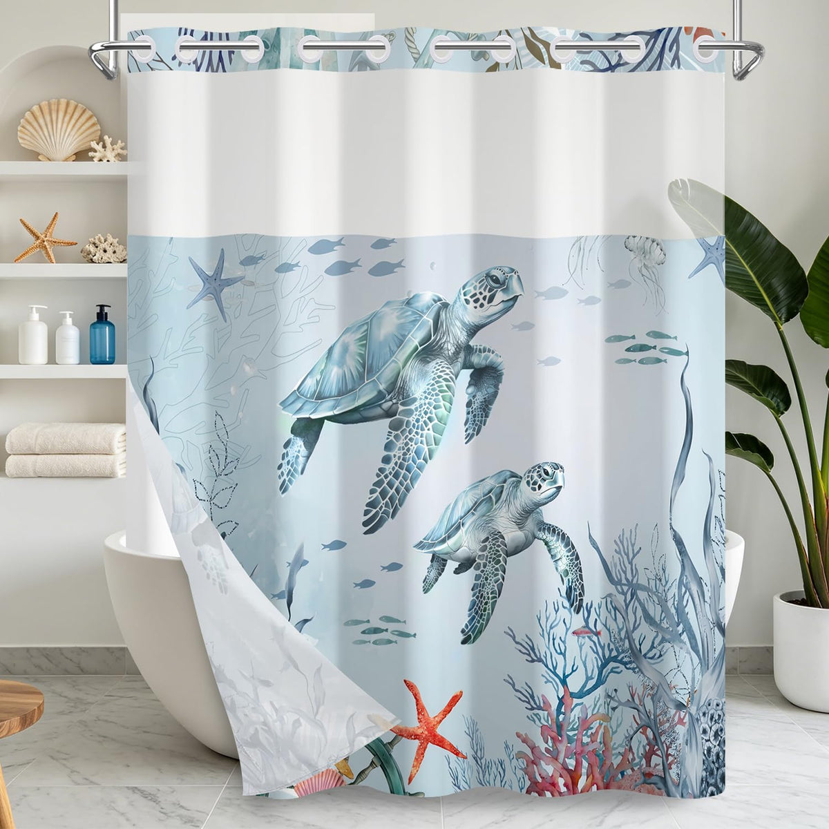 Ocean Sea Turtle Shower Curtain with Snap in Removable Liner (Turtle)