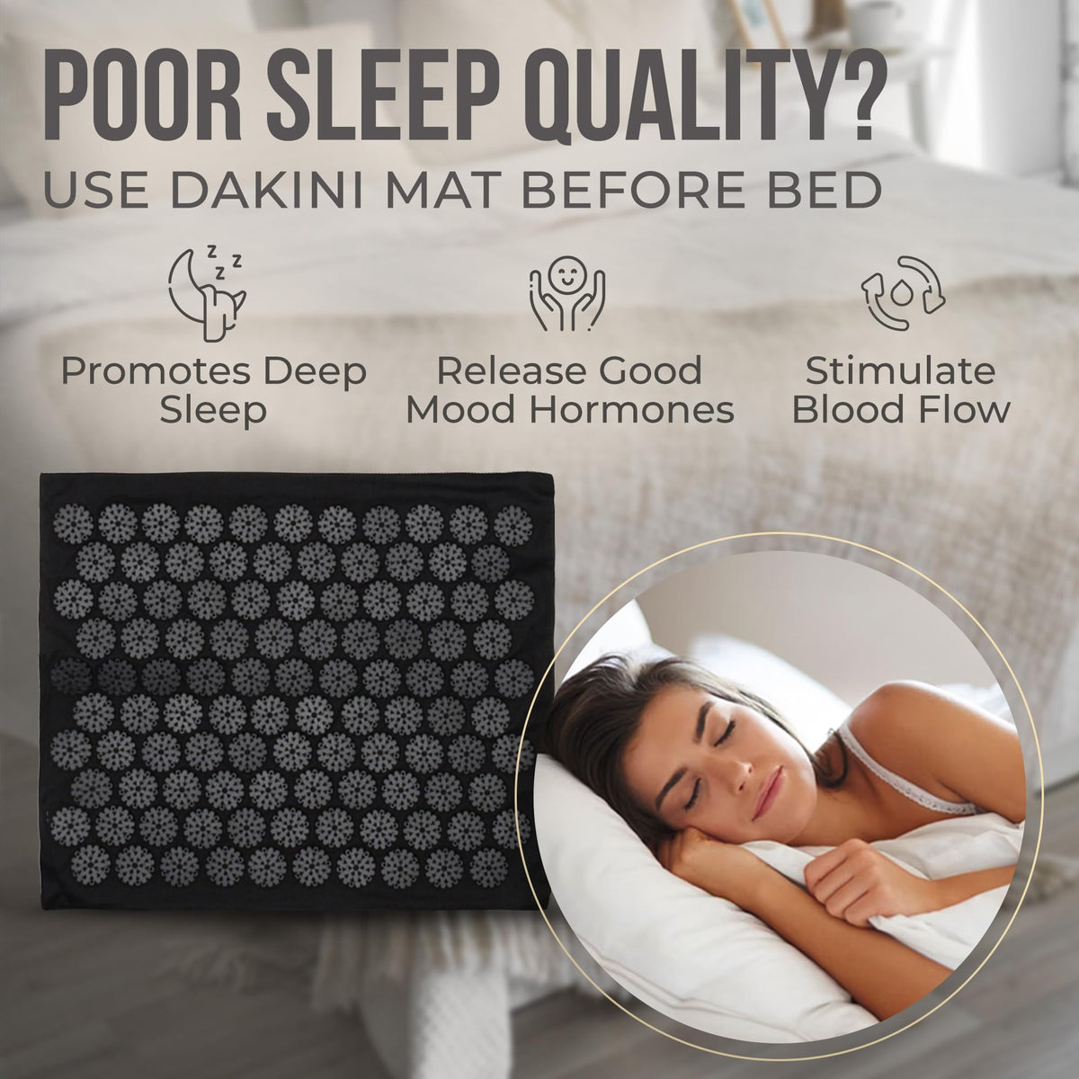 Acupressure Mat and Pillow Set with Mini Pad (Black)