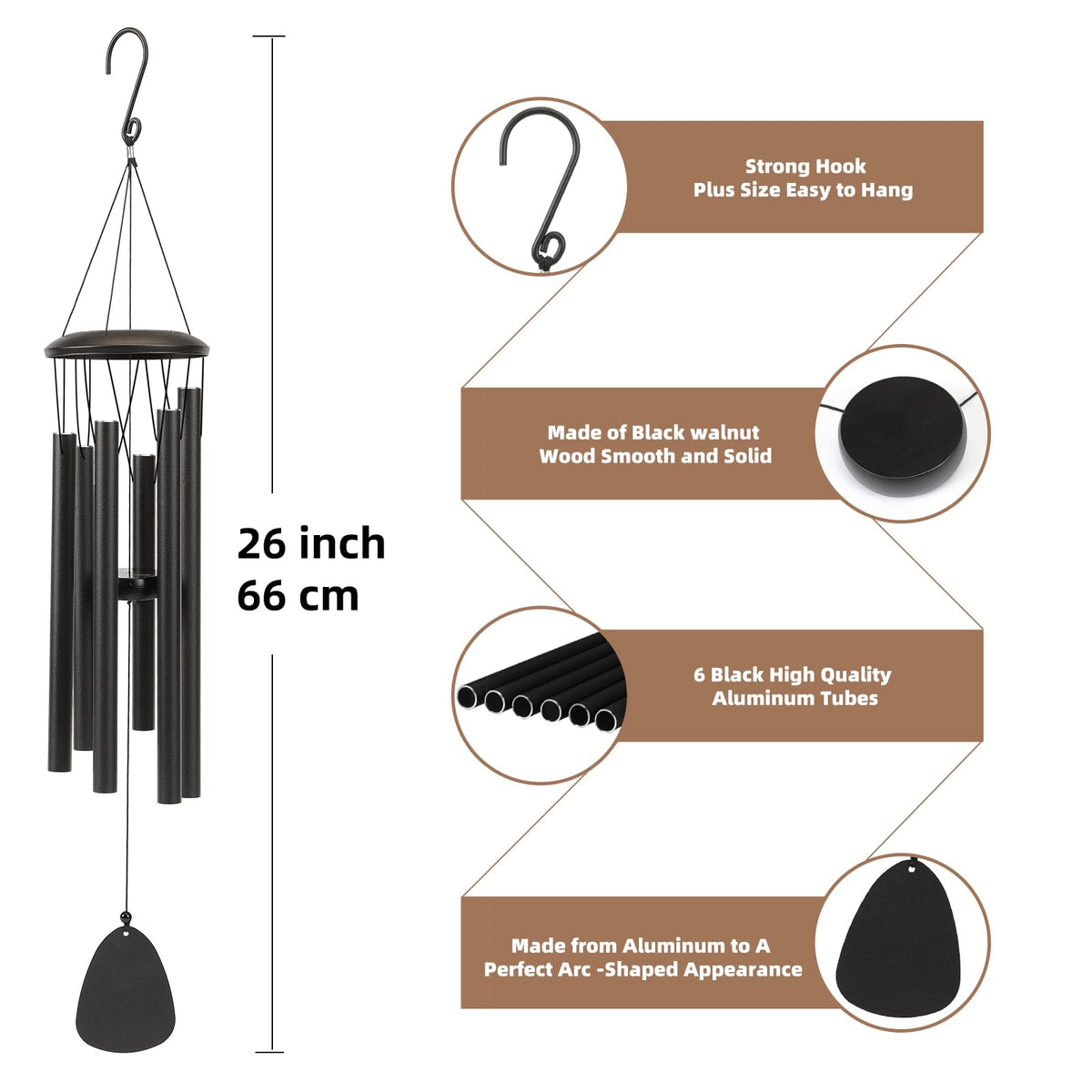 Aluminium Wind Chimes 26 Inches to Create a Zen Atmosphere Suitable for Outdoor (Black / Classic 26")