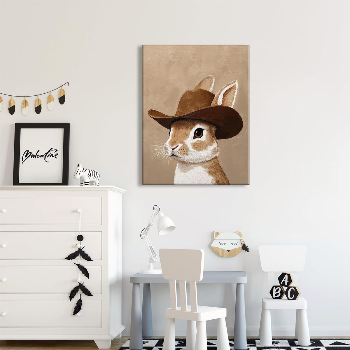 Bunny cowboy canvas wall art Brown western wall decor picture western nursery Poster Print Bunny Neutral Animal Painting Artwork for bathroom bedroom home decoration (Cowboy Bunny / 24"L x 16"W)
