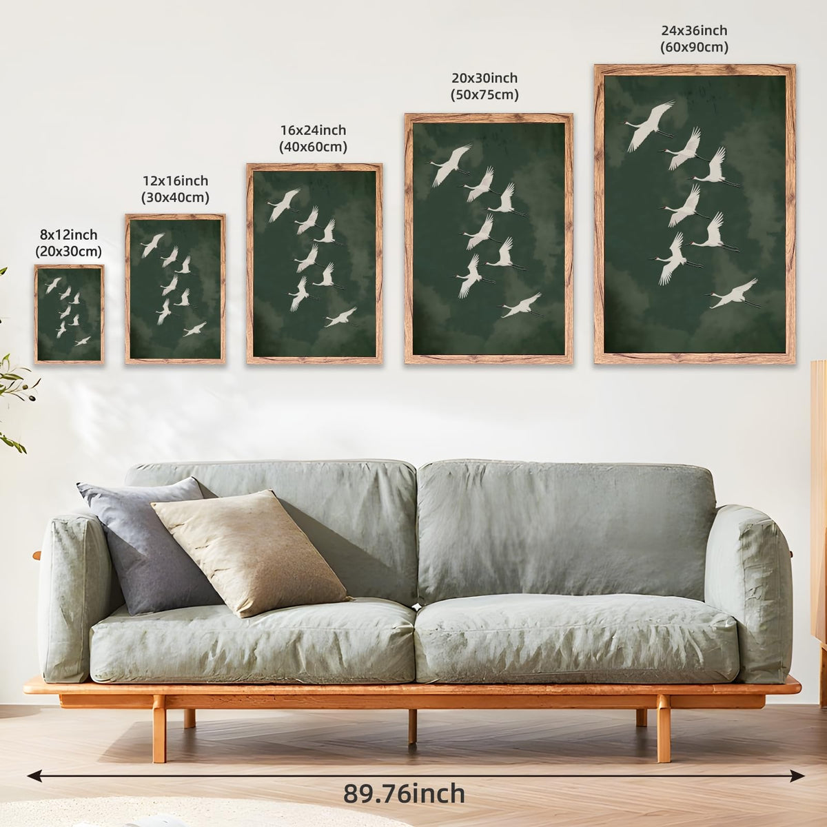 Wood Frame Japandi Wall Art Vintage Green Flying Bird Posters Elegant Japanese Cranes Zen Canvas Print Minimalist Wall Decor Painting Asian Decor Pictures for Living Room Bedroom 16x24inch (16"L x 24"W / style-3 Wood Framed)