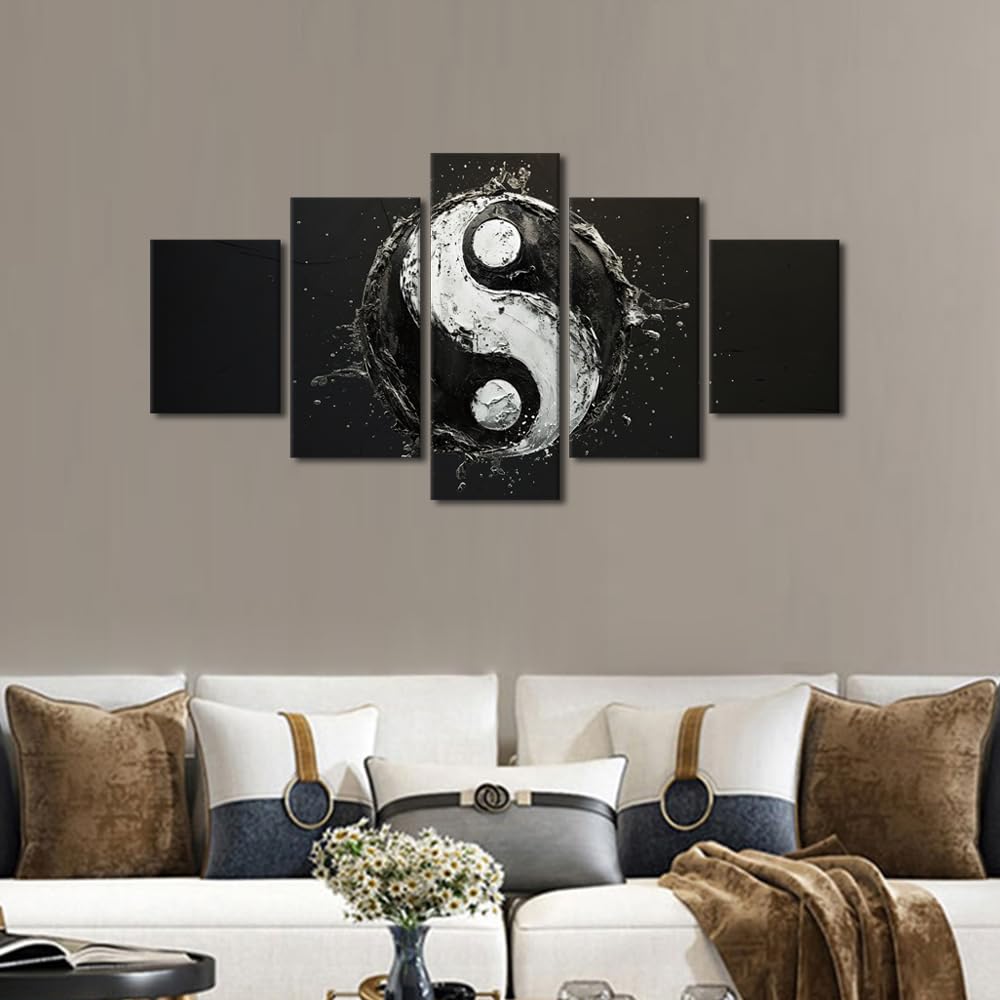 Wall Art Large Yin Yang Symbol With Dynamic Water Droplets Framed Canvas Print Multi Panel Artwork Contemporary Living Room Decor Asian Inspired Decor 60" Wx32 H‌ (60''Wx32''H / Artwork-07)