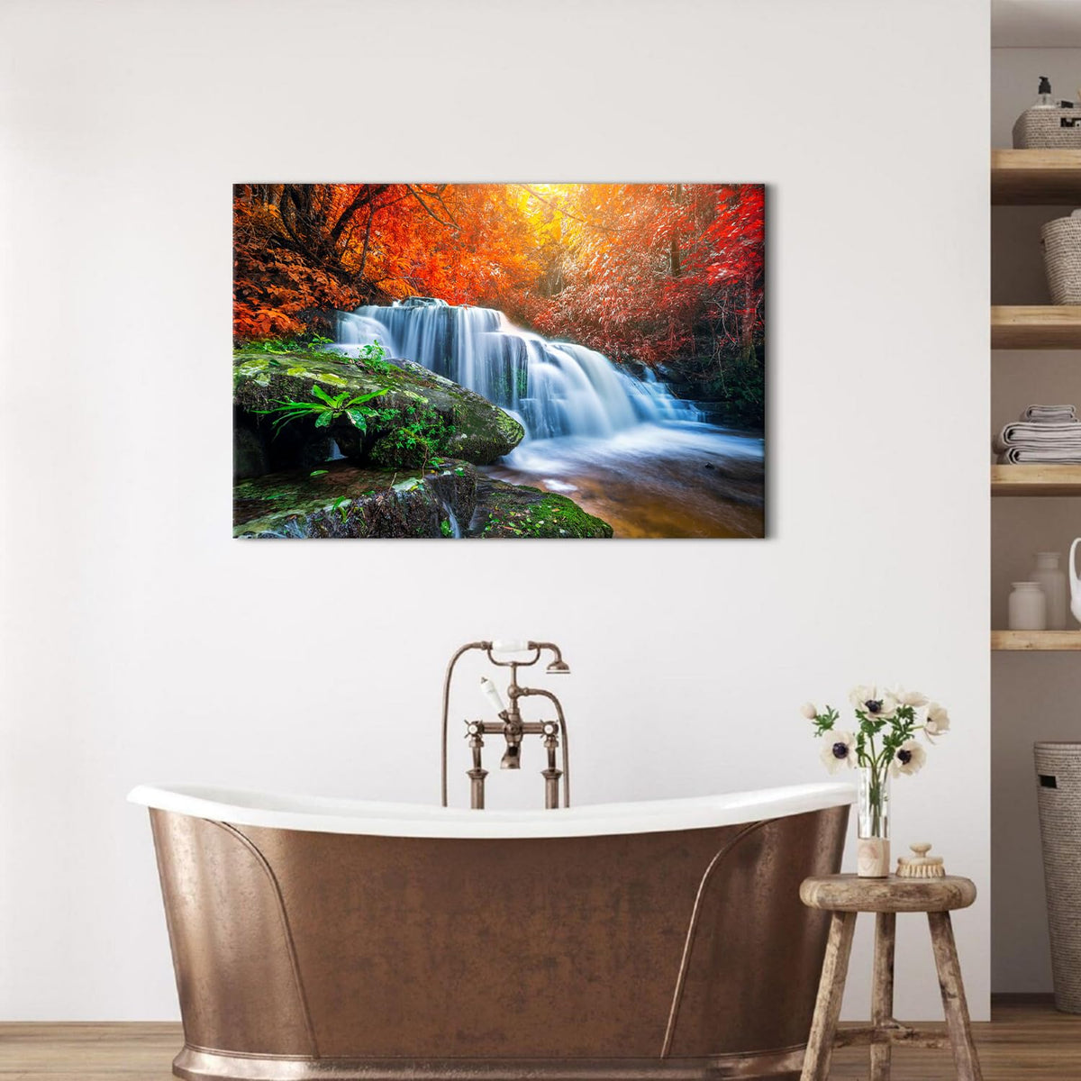 Waterfall Wall Art Autumn Red Forest Wall Decor for Living Room Nature Trees River Landscape Canvas Prints Fall Stream River Pictures National Park Posters for Bedroom Bathroom Home Decoration 24x36" (36"L x 24"W / Autumn Waterfall)