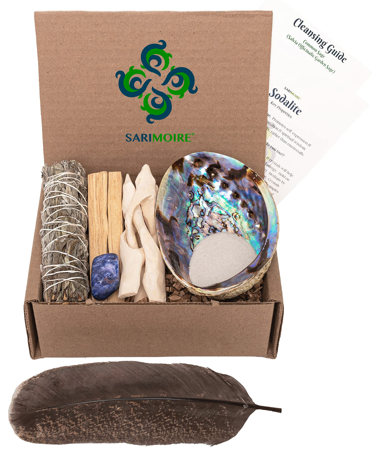 Sage Kit Common Sage Smudge Stick ~ Abalone Shell for Smudging ~ Palo Santo Sticks ~ 2 inchTripod Stand ~ 8 inch Feather and White Sand