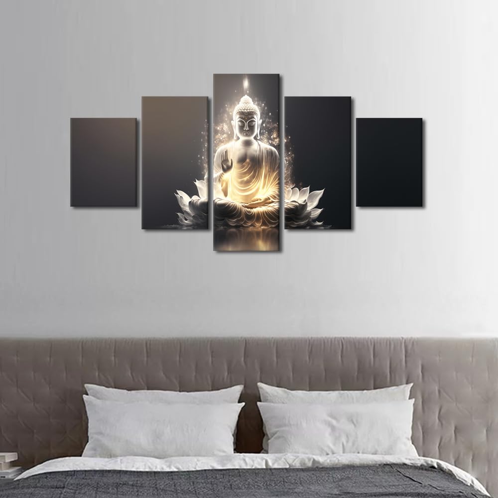 Buddha Canvas Wall Art Modern Black and White Canvas Decor Buddha Meditates Poster Prints on Canvas 5 Panel Home Wall Decor for Living Room Bedroom Wall Decoration Stretched Ready to Hang 60x32 in (60x32 in / 5PANEL-03)
