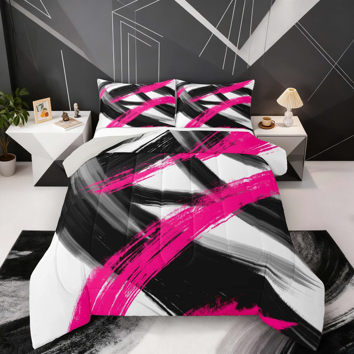 Black Hot Pink Comforter Set Full Size Abstract Geometric Bedding Set for Boys Girls Modern Minimalist Duvet Quilt Room Decor Breathable Soft Microfiber All Season 3Pcs with 2 Pillow Cases (Multi 45690 / Full)