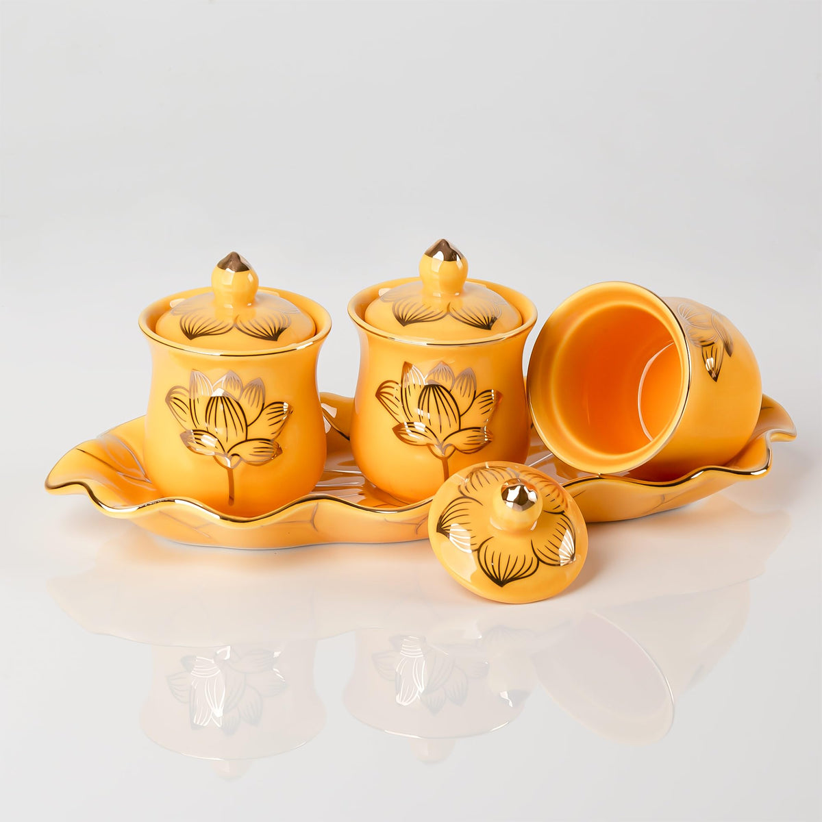 Yellow Buddhist 3 Altar Cups Set (3 Yellow Ceramic Cup Set)