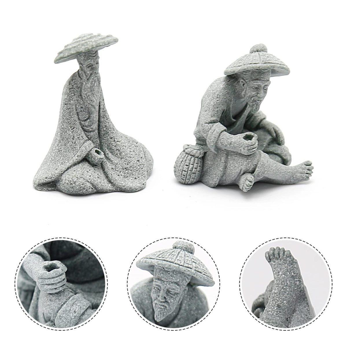 2PCS Mini Sitting Fishing Figurines Sandstone Vintage Ornament Japanese Decor for Fish Tank Pot Garden Home Aquarium Mini Fisherman Statue Asian Zen Decorations (Small Size)