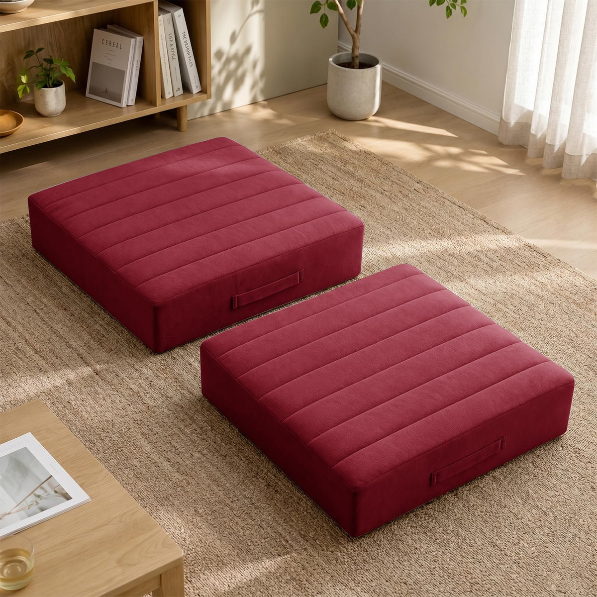 2 Pcs High Density Foam Floor Pillow (Burgundy / 2 Counts)