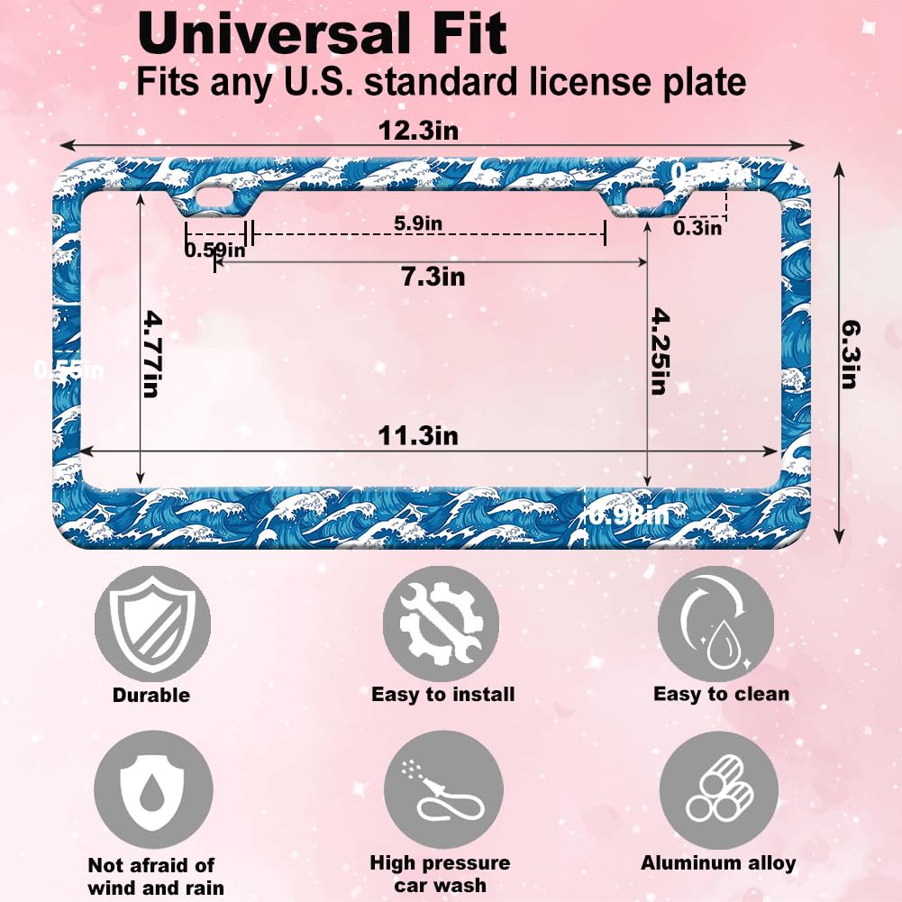 Blue Ocean Wave License Plate Frame for Women 2Pc Car Tag (for blue ocean wave / 2 pack)