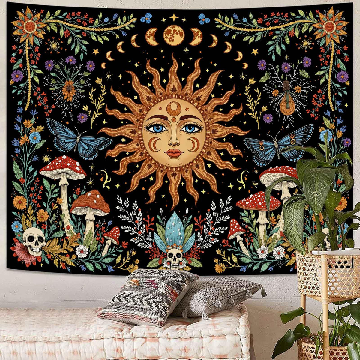 Celestial Sun Mushroom Skull Wall Tapestry (Colorful / 90"L x 70"W)