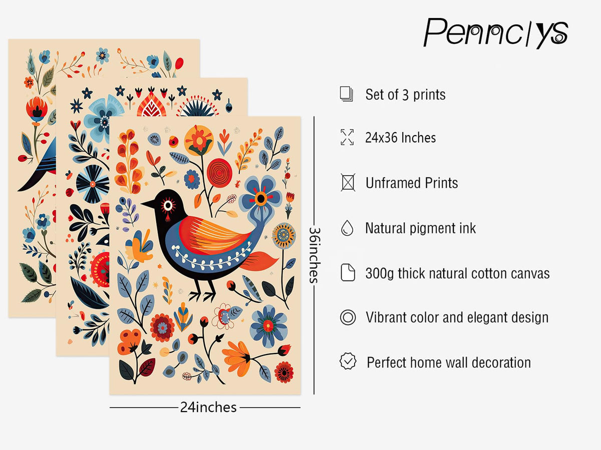 Scandinavian Folk Wall Art Nodic Flower Canvas Wall Decor Norwegian Wall Art Poster Swedish Antique Wall Decor Pictures Floral Bird Prints Vintage Poster for Home Kitchen 24x36x3 Inch Unframed (Unframed / Colorful Flower Prints Art / 36"L x 24"W)