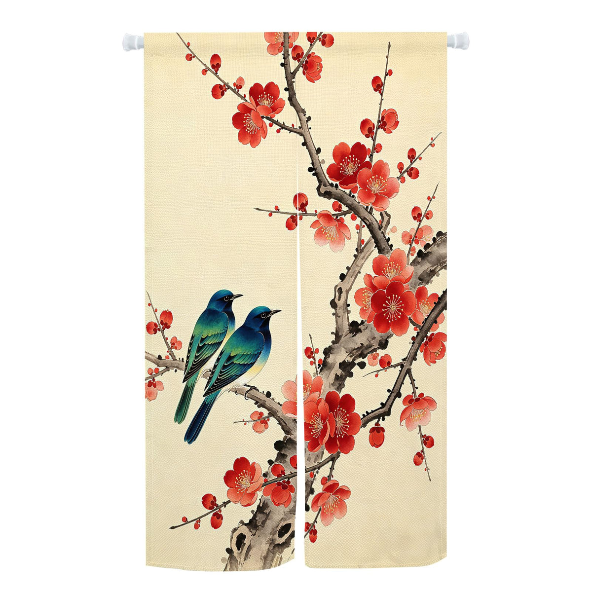 Japanese Noren Doorway Curtain New Chinese Bird Flower Tapestry 33.5x59inch (Beige Red / 33.5"W x 59"L (Pack of 1))