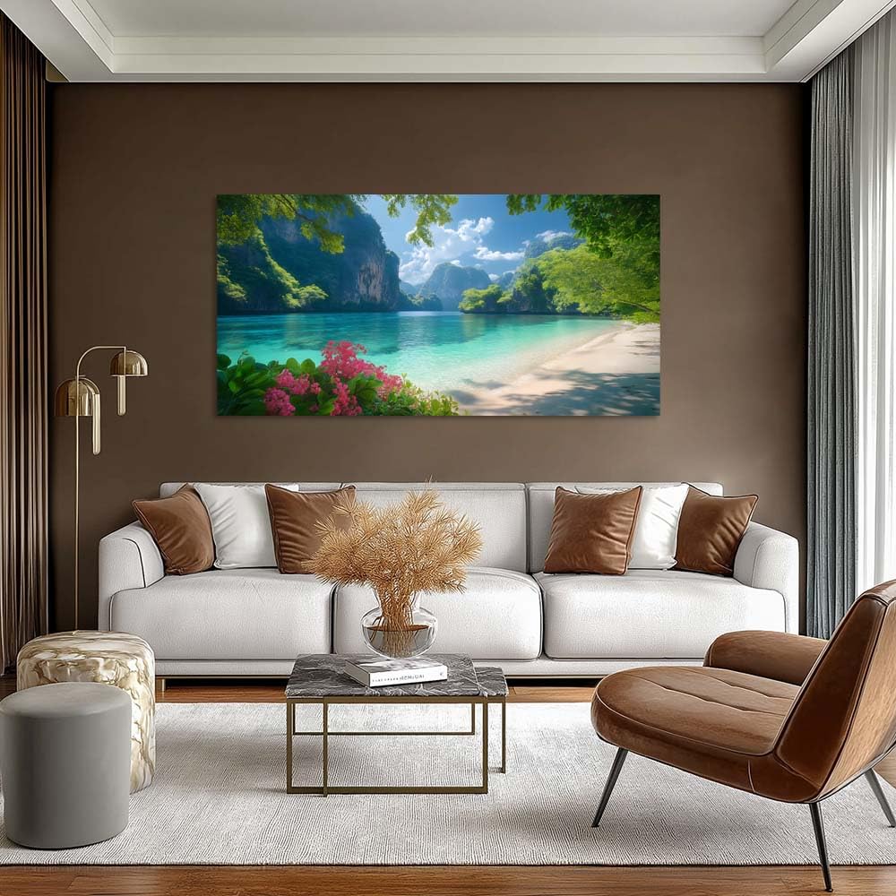 White Tropical Lagoon Beach Wall Art Art Deco Painting Prints Canvas (Coastal / White Lagoon Beach 105 / 46"L x 23"W)