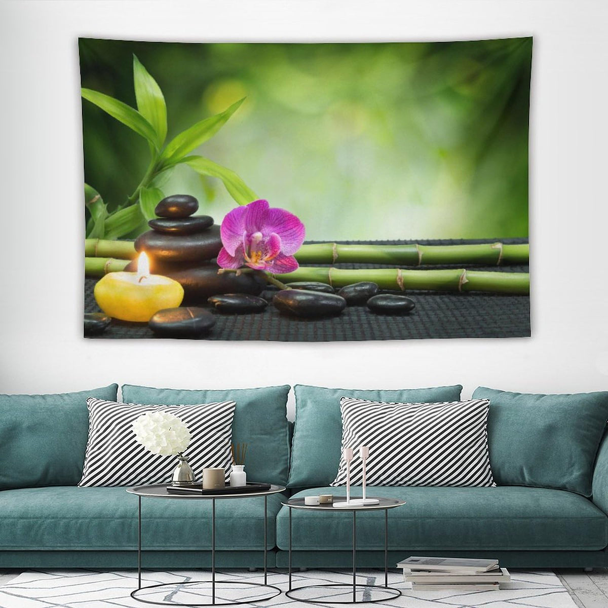 Bamboo Zen Spa Tapestry Wall Hanging Scented Candle Green Spiritual Meditation Tapestries Home Decor for Living Room Bedroom Farmhouse Apartment Dorm 60"x90" (60"L x 90"W / Zen-16)