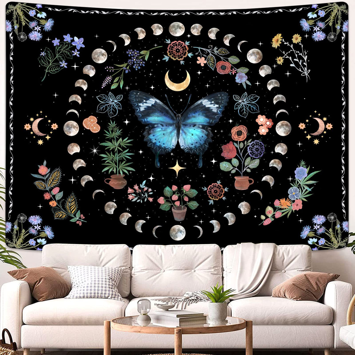 Blue Butterfly Moon Flower Tapestry Boho Floral Plant Tapestries for Bedroom Aesthetic Nature Tapastry's Wall Hanging Mandala Botanical Wall Tapestry for Living Room Dorm (Blue / 48"L x 36"W)