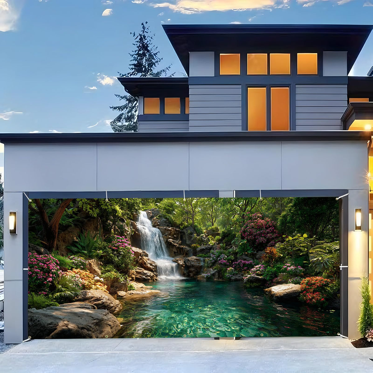 Garage Door Banner Cover 6x13 ft (Rainforest Waterfall)