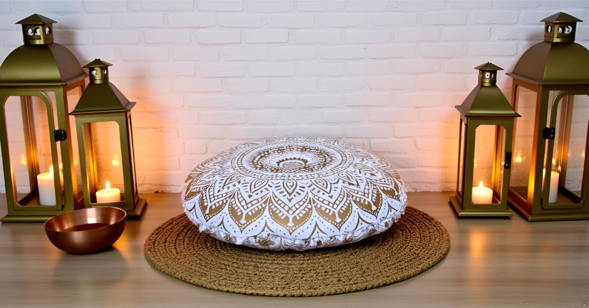 32 Inch Meditation Floor Pillow Cover Round Pillow Seating Hippie Decorative Adults Bohemian Mandala Cushion Cover Outdoor Living Room Throw Ottoman Poufs Cover (White Gold Ombre)