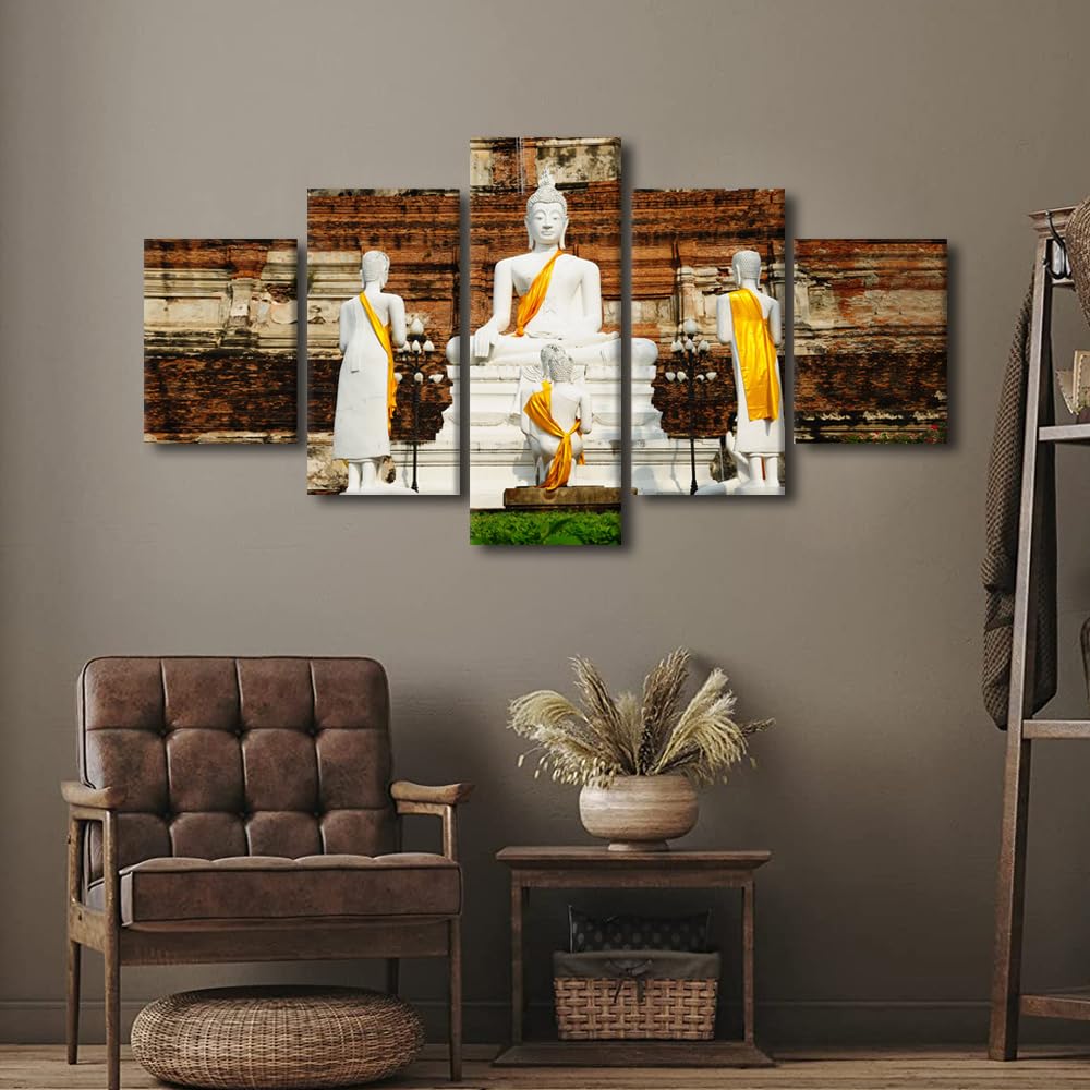 Buddha Canvas Wall Art Buddha Statue in Ayutthaya Thailand Picture Printing 5 Panel Religious Poster Prints Art for Buddhist Believers Living Room Decor Stretched and Framed Ready to Hang 60x32 in (60x32 in / 5PANEL-01)